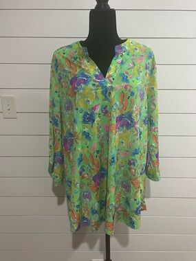 Flowy Floral V-Neck Blouse in Lime Green